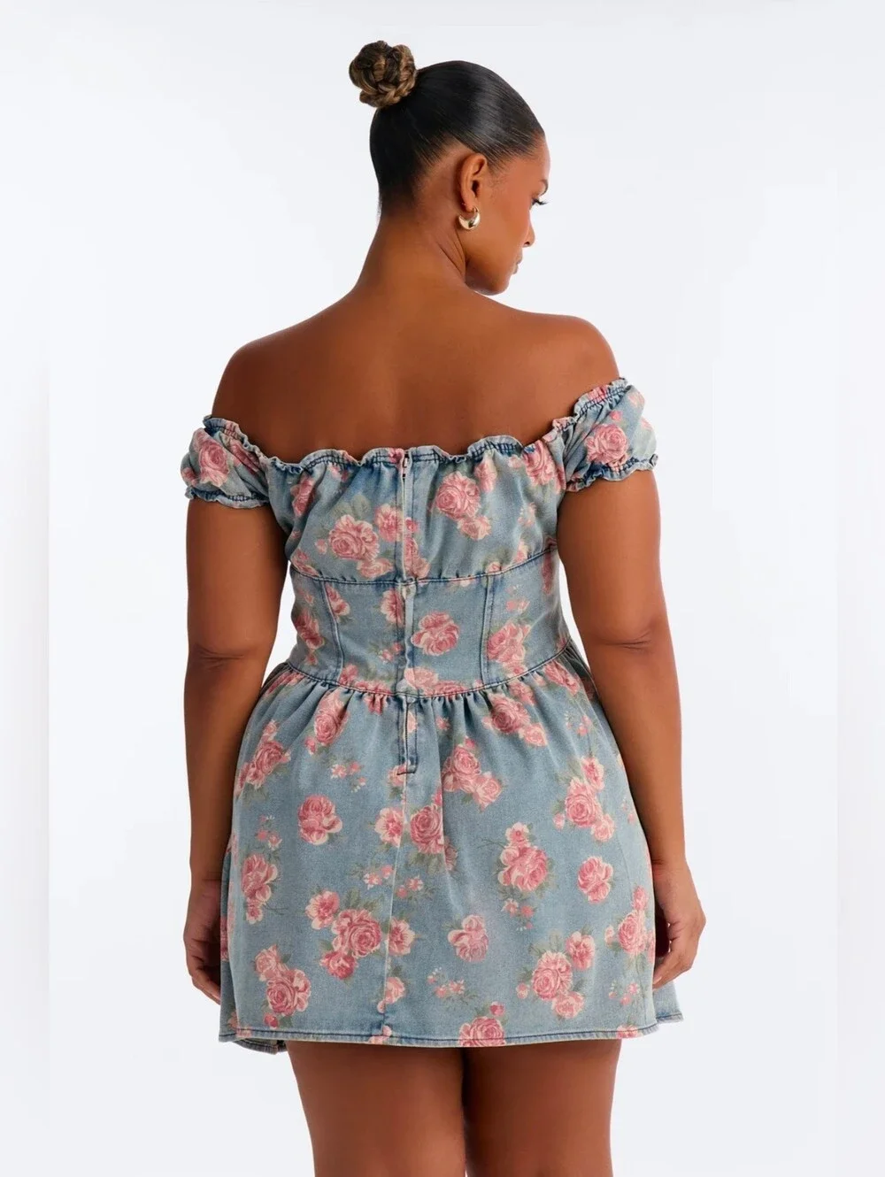 Off-Shoulder Floral Denim Mini Dress in Blue and Pink - Picture 2 of 3